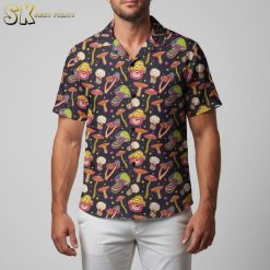 Psychedelic Hawaiian shirt with vibrant mushroom print and colorful swirls for men's casual wear