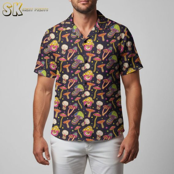 Psychedelic Hawaiian shirt with vibrant mushroom print and colorful swirls for men's casual wear