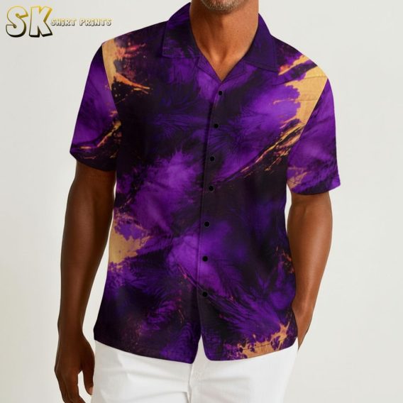 Purple aloha shirt displaying abstract swirl pattern with dark colors and orange splatter effects throughout fabric