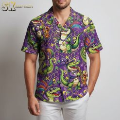 Purple aloha shirt displaying cartoon alligators wearing festive hats and beads in celebratory scene