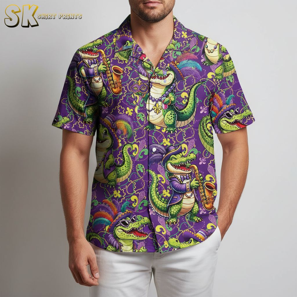 Purple aloha shirt displaying cartoon alligators wearing festive hats and beads in celebratory scene