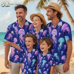 Purple aloha shirt featuring artistic jellyfish print with pink, blue and green marine life graphics