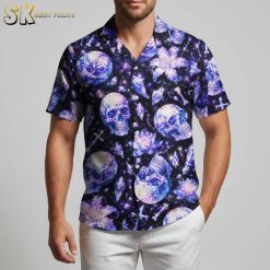 Purple aloha shirt displaying mystical pattern with crystals and floral elements in purple and blue tones