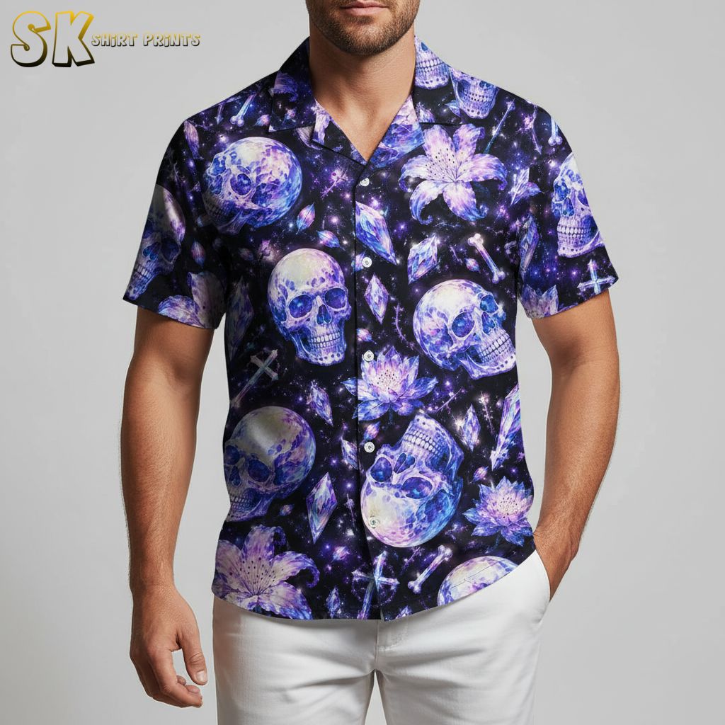 Purple aloha shirt displaying mystical pattern with crystals and floral elements in purple and blue tones