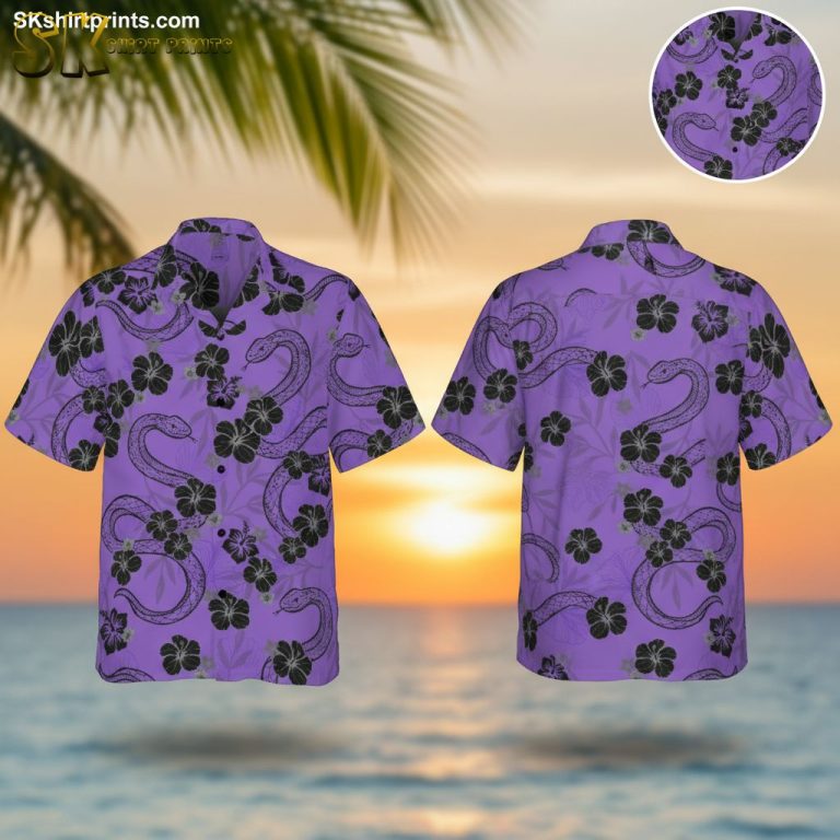 Snake and Hibiscus Purple Aloha Shirt – Tropical Floral Print with Bold Black Serpent Design