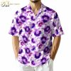 Purple aloha shirt displaying tropical floral pattern with overlapping purple blooms