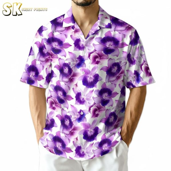 Purple Flower Hawaiian Shirt - Tropical Floral Print on White Background