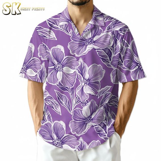 Purple aloha shirt displaying white tropical flowers and leaves in detailed line art style