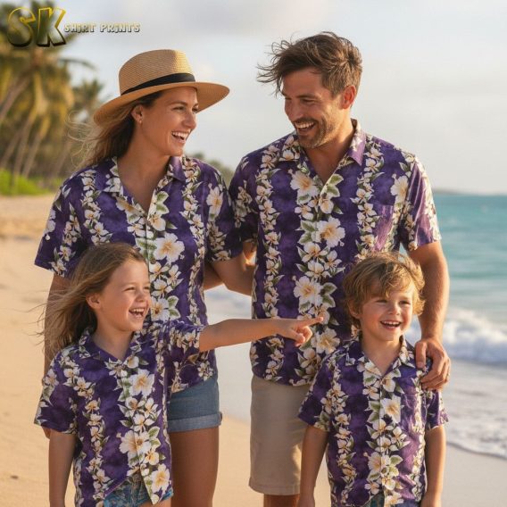 Purple aloha shirt with tropical hibiscus design featuring white and yellow flowers and green leaves