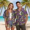 Purple and gold Hawaiian shirt showing cartoon alligators in golden costume accessories and purple background