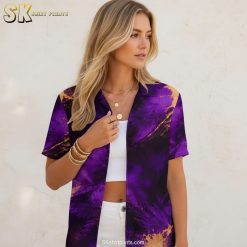 Purple and gold Hawaiian shirt showing splatter print design with swirling patterns and mixed bright colors