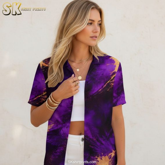 Purple and gold Hawaiian shirt showing splatter print design with swirling patterns and mixed bright colors