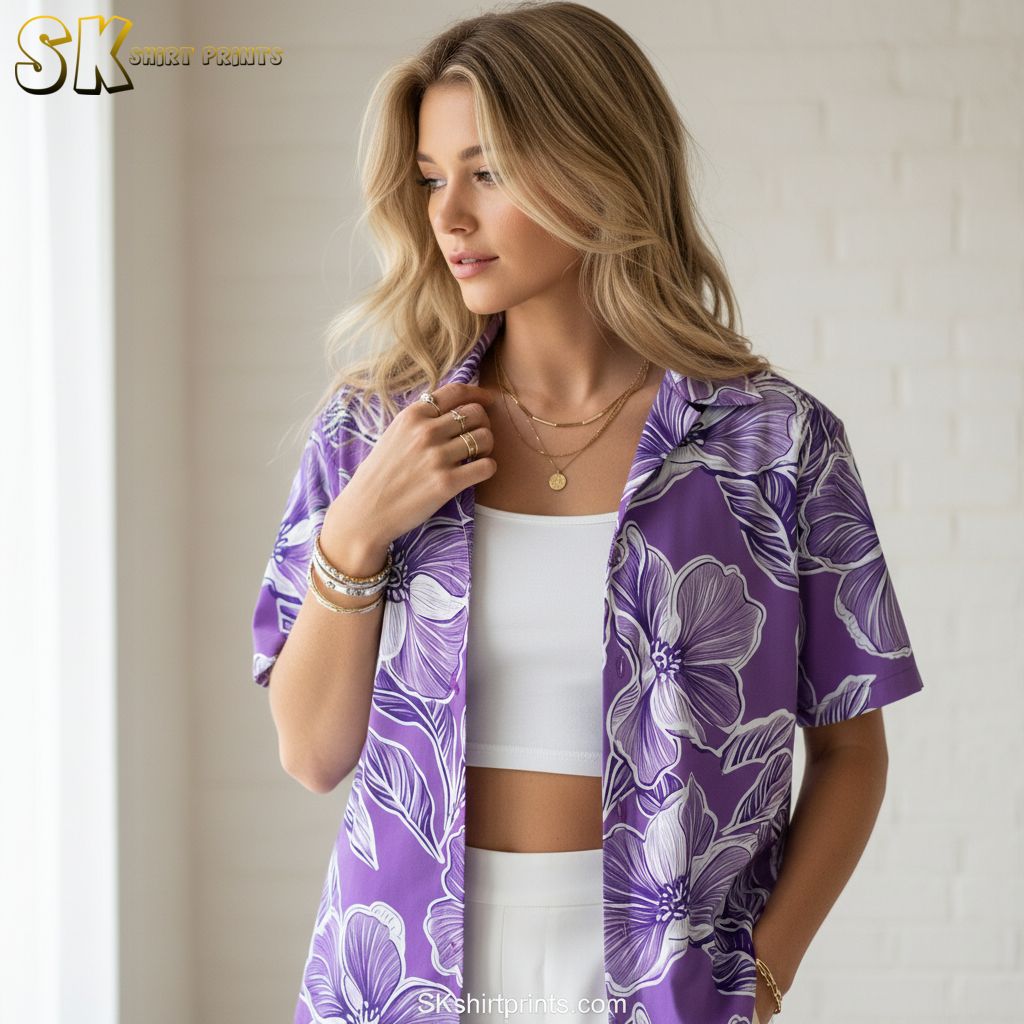 Purple and white hawaiian shirts showing large white flowers with detailed artwork on purple fabric