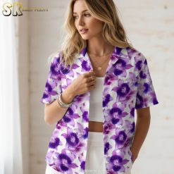 Purple and white hawaiian shirts showing purple floral blooms on white background