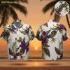 Purple and white Hawaiian shirts featuring large tropical flowers in deep purple with green leaves on light background