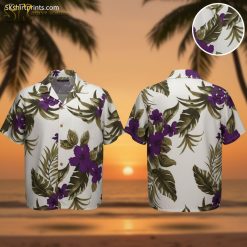 Purple and white Hawaiian shirts featuring large tropical flowers in deep purple with green leaves on light background