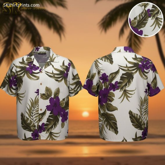 Purple and white Hawaiian shirts featuring large tropical flowers in deep purple with green leaves on light background