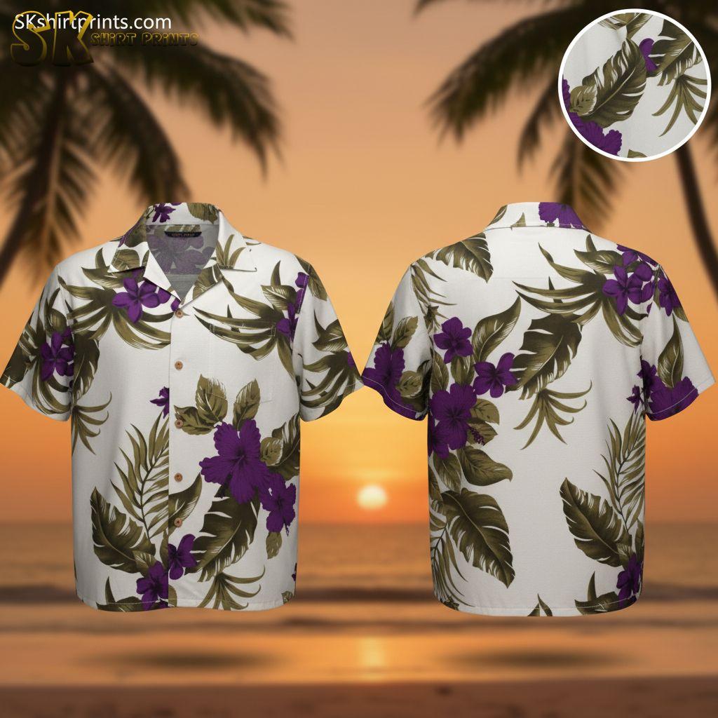 Purple and white Hawaiian shirts featuring large tropical flowers in deep purple with green leaves on light background