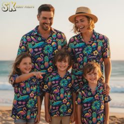 Purple and yellow Hawaiian shirt showing beach print with pineapples, palm leaves, cocktails and summer text in neon colors