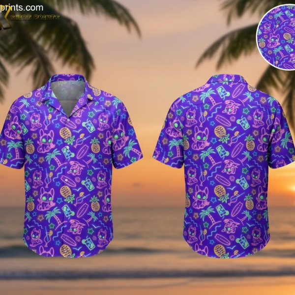 Purple and Yellow Hawaiian Shirts - Neon Cartoon Animal Print Aloha Shirt