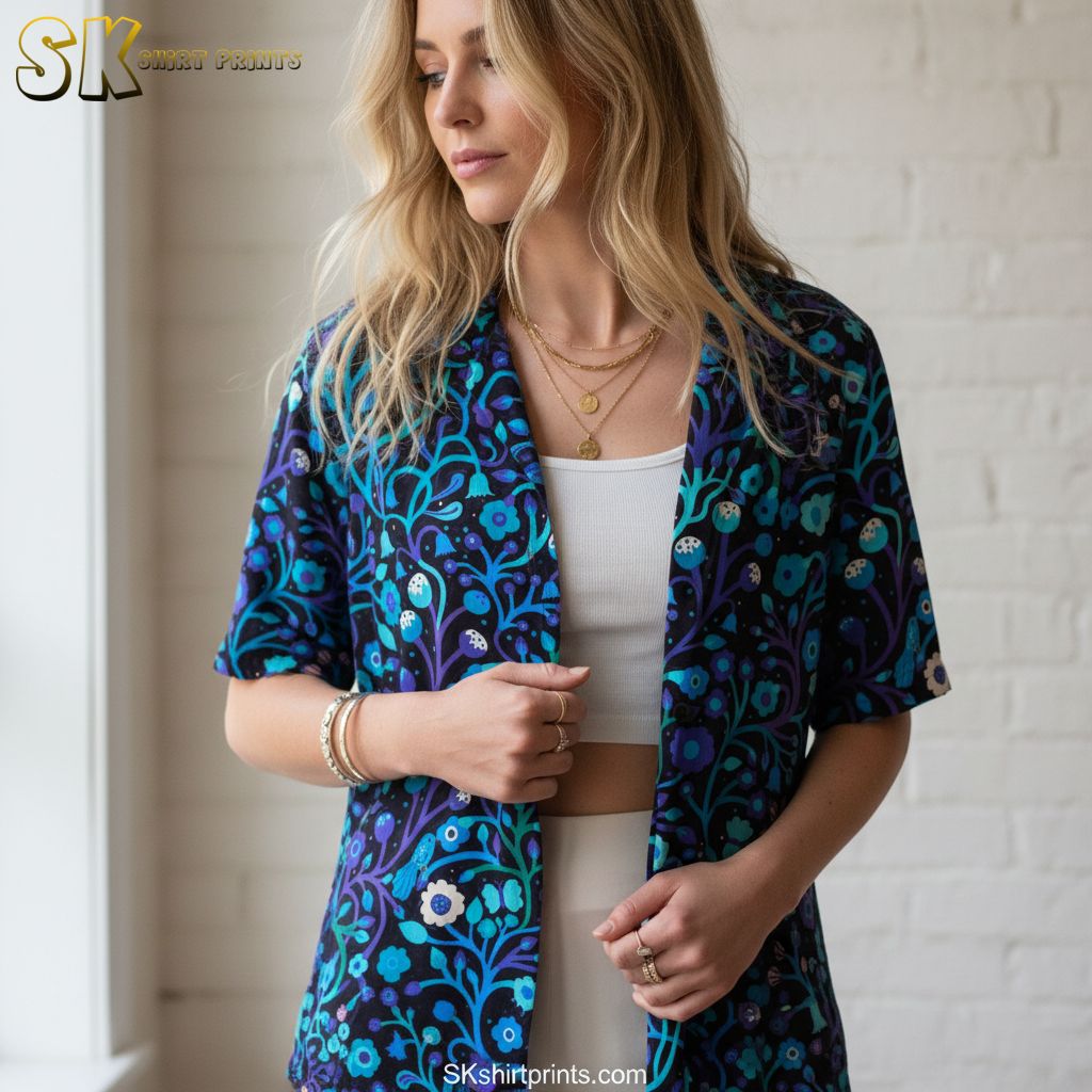 Purple flower Hawaiian shirt displaying botanical design with varied flower shapes and leaves