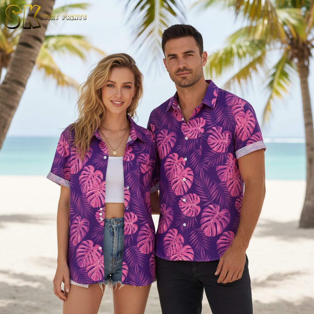 Purple flower Hawaiian shirt with pink monstera leaves and botanical fern patterns