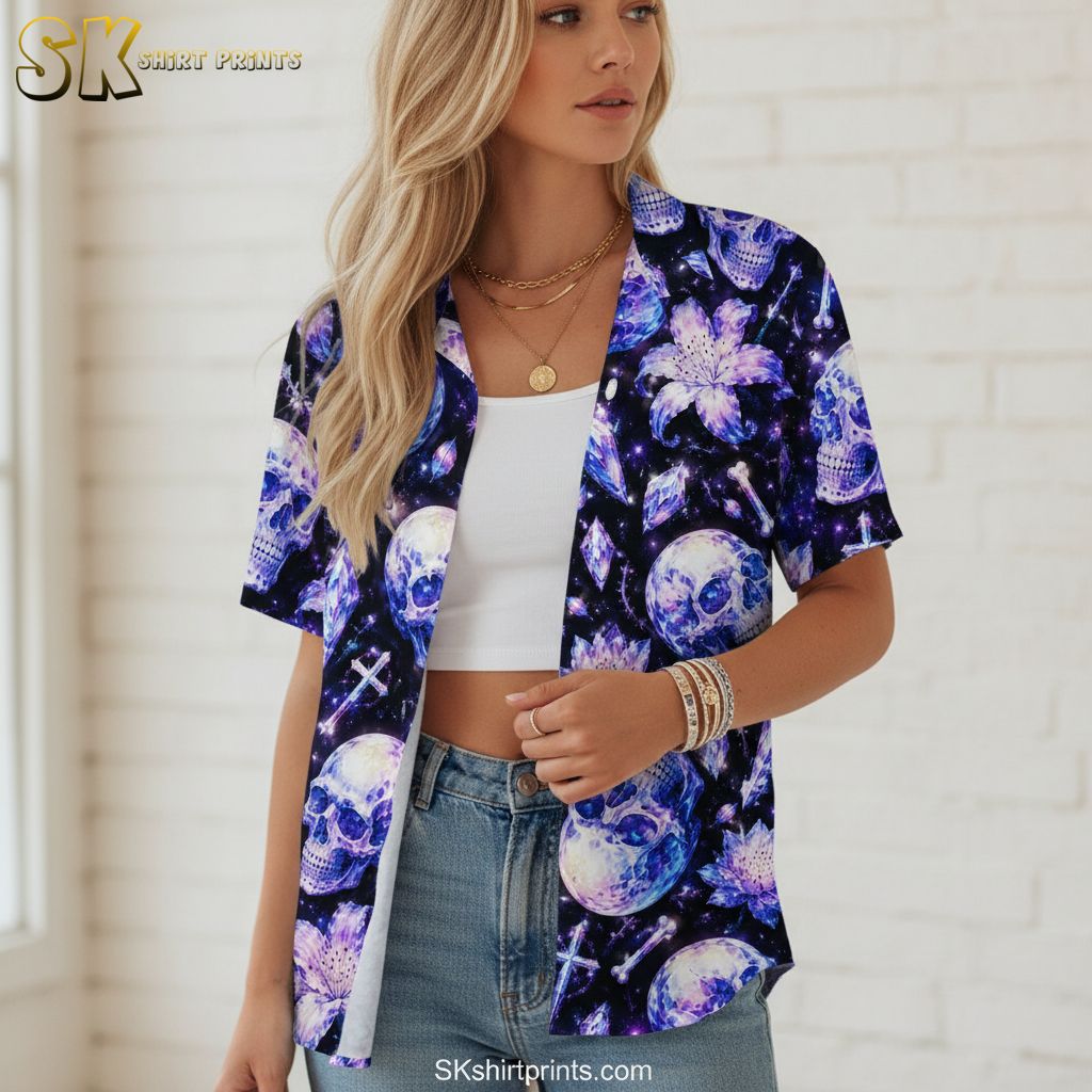 Purple flower Hawaiian shirt showing cosmic floral design with flowers and mystical elements on dark background