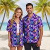 Purple flower Hawaiian shirt with dense pattern of bright purple, pink and red tropical flowers