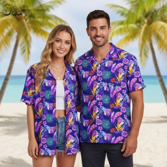 Purple flower Hawaiian shirt with dense pattern of bright purple, pink and red tropical flowers