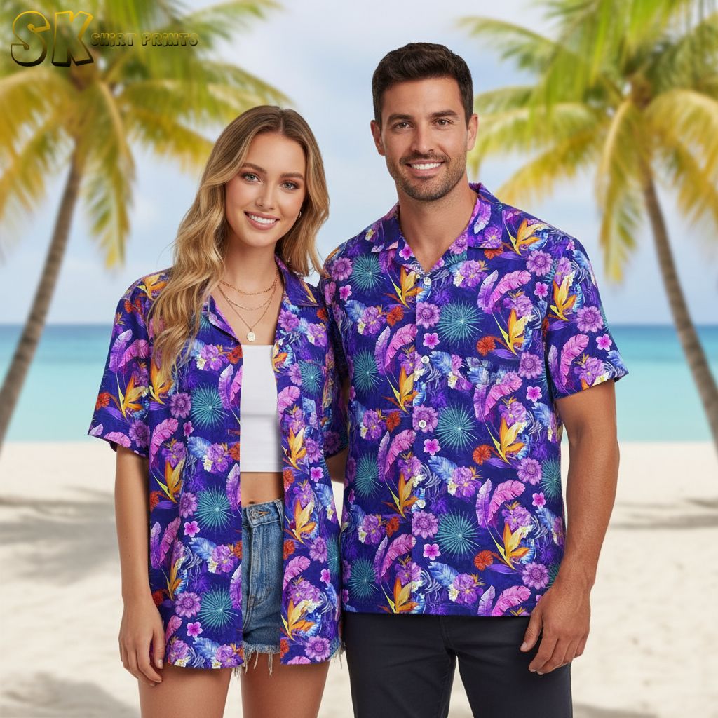 Purple flower Hawaiian shirt with dense pattern of bright purple, pink and red tropical flowers