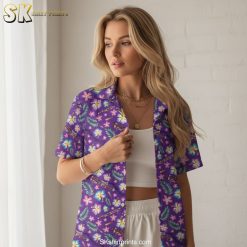 Purple flower Hawaiian shirt featuring pink and yellow hibiscus blooms with green tropical foliage