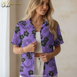 Purple flower hawaiian shirt showing hibiscus blooms and leaves with black snakes on purple background