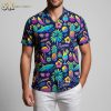 Purple flower Hawaiian shirt displaying colorful floral patterns mixed with pineapples, palm leaves and tropical motifs