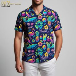 Purple flower Hawaiian shirt displaying colorful floral patterns mixed with pineapples, palm leaves and tropical motifs