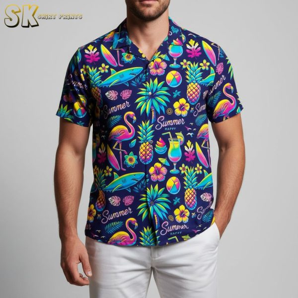 Purple and Gold Hawaiian Shirt - Tropical Summer Print with Pineapples and Flamingos