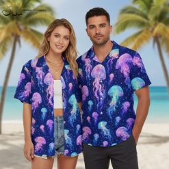 Purple Hawaiian shirt with flower-like jellyfish patterns in bright pink, blue and green colors