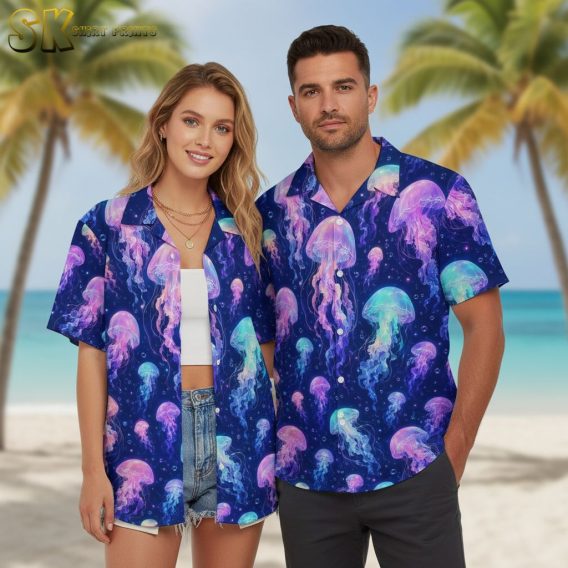 Purple Hawaiian shirt with flower-like jellyfish patterns in bright pink, blue and green colors