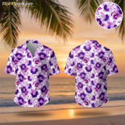 Purple flower hawaiian shirt featuring vibrant purple blooms on white fabric