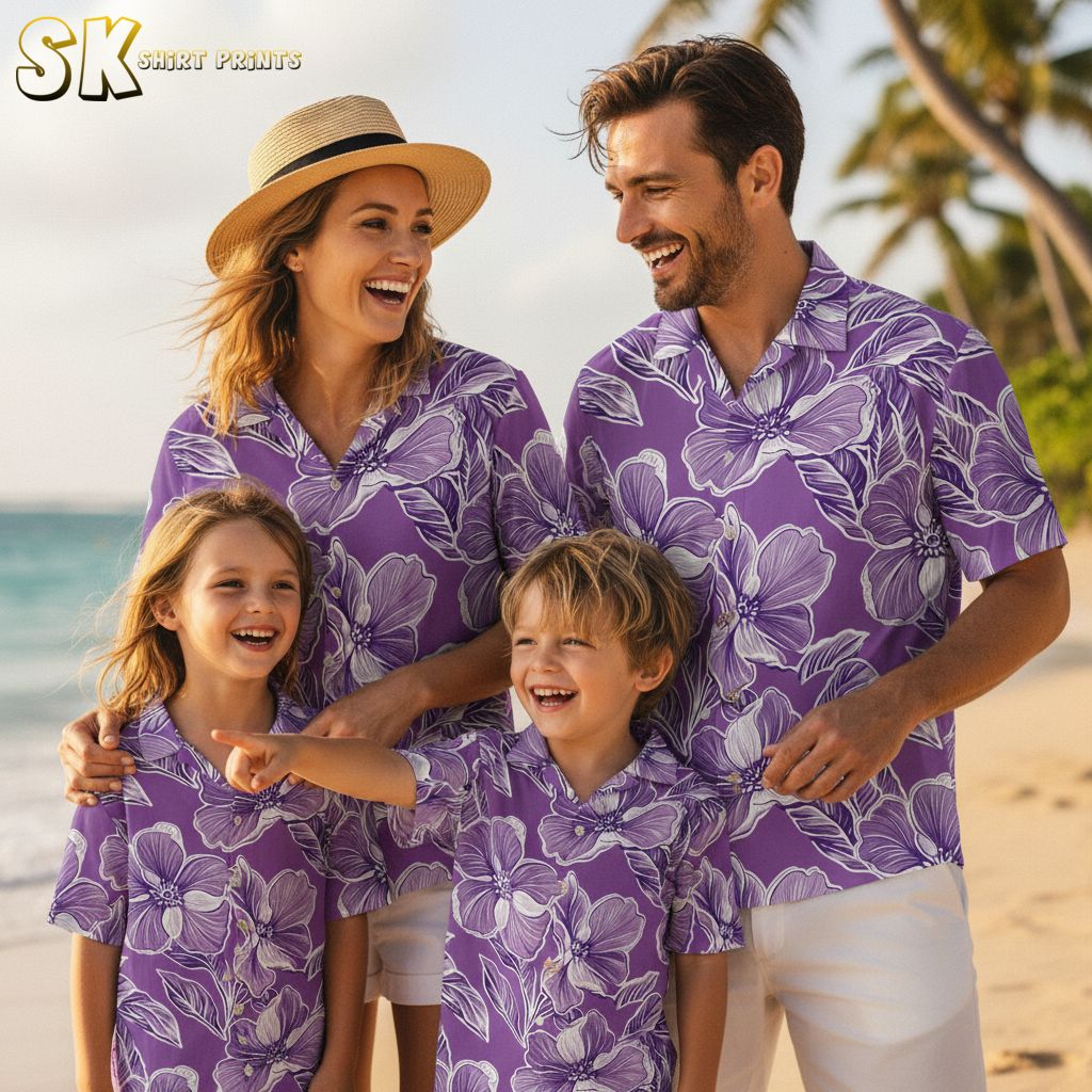 Purple flower hawaiian shirt featuring large white tropical blooms with detailed line work and leaf accents