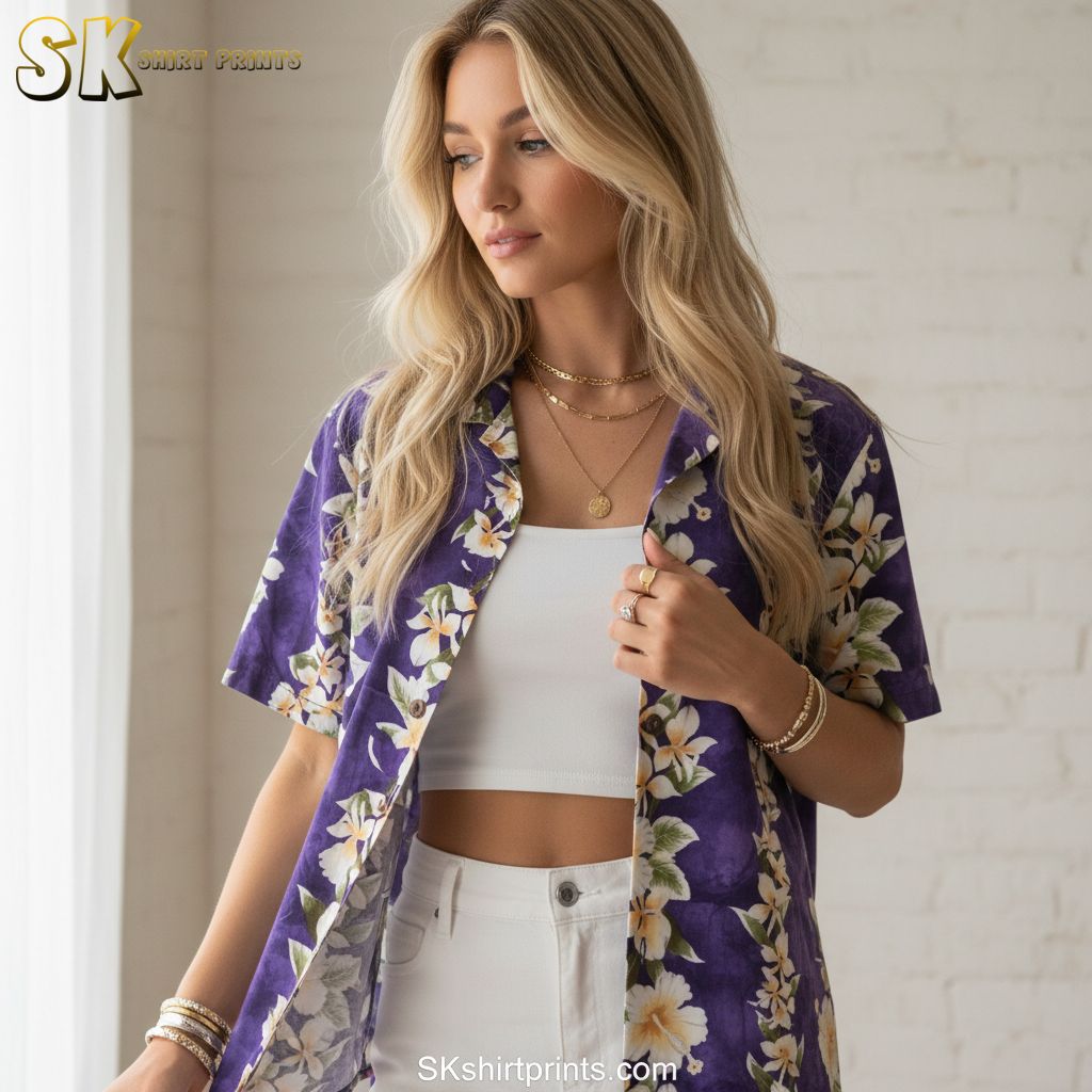 Purple flower Hawaiian shirt showcasing white and yellow tropical blooms with green foliage in repeating pattern