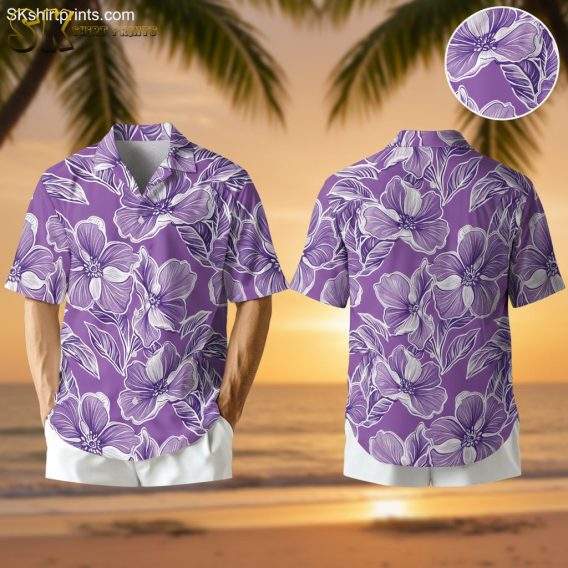 Purple hawaii shirt featuring large white tropical flowers with detailed line work and leaves