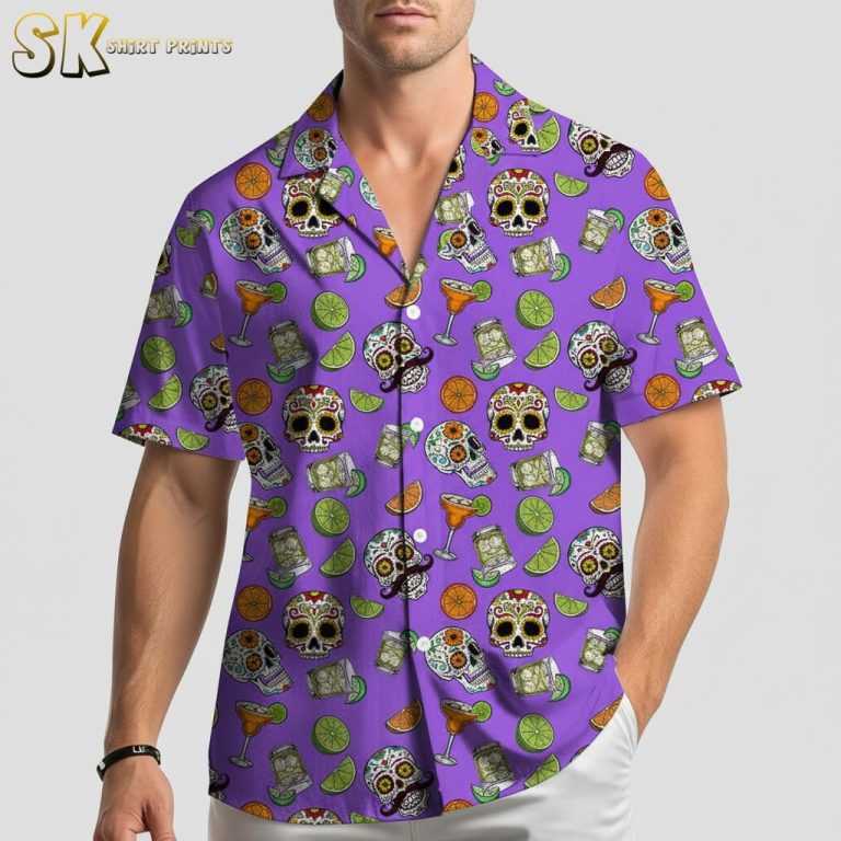 Light Purple Hawaiian Shirt with Sugar Skulls and Margarita Cocktail Print