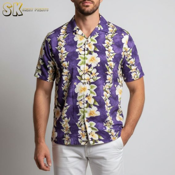 Purple Hawaiian shirt displaying tropical flower pattern with white and yellow blooms and green leaves