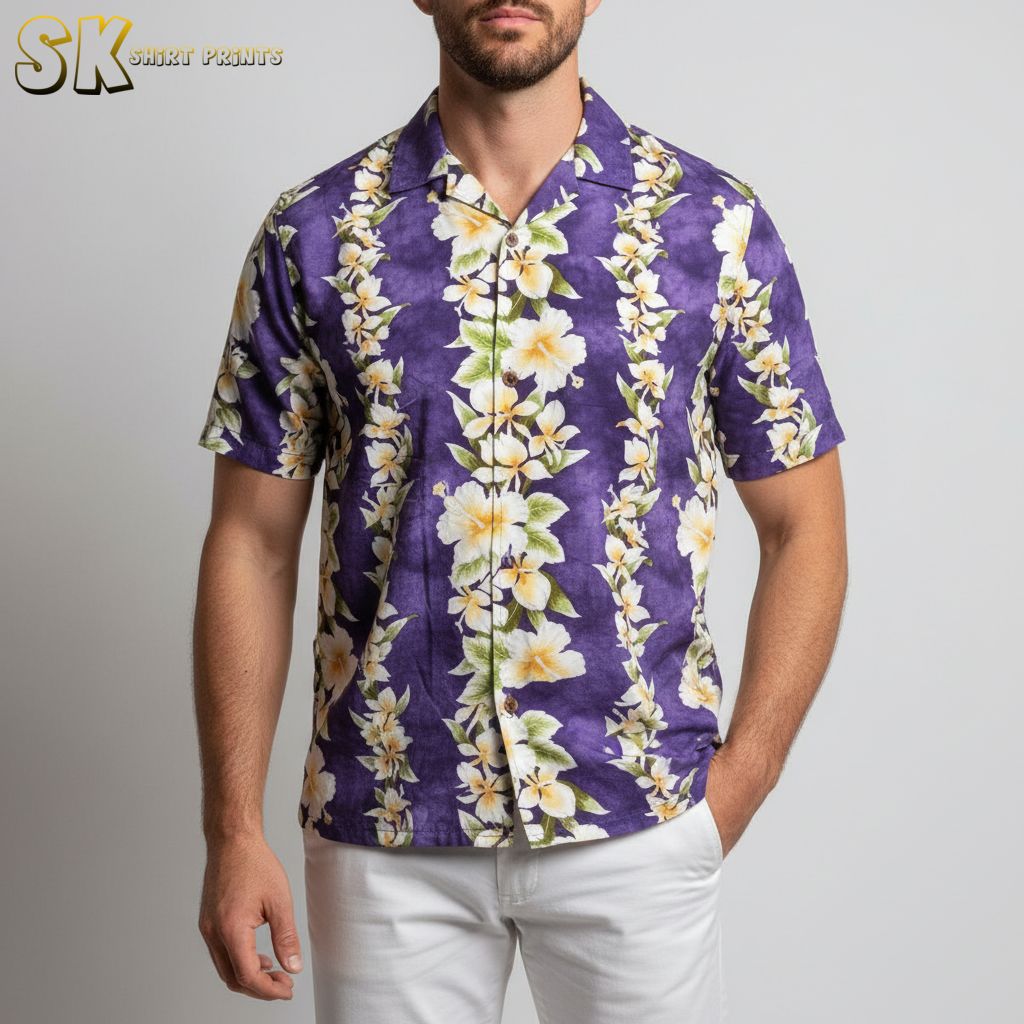 Purple Hawaiian shirt displaying tropical flower pattern with white and yellow blooms and green leaves