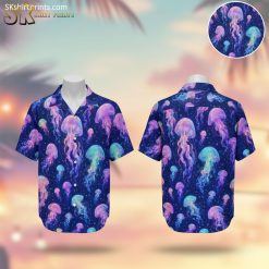 Purple Hawaiian shirt featuring vibrant jellyfish pattern in pink, blue and green colors on dark background