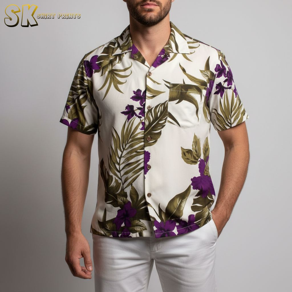 Purple Hawaiian shirt displaying vivid tropical flowers and green leaf motifs in repeating pattern