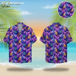 Purple Hawaiian shirt for men featuring bright purple and pink flowers with tropical leaves on dark blue background