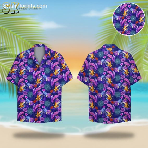 Purple Hawaiian shirt for men featuring bright purple and pink flowers with tropical leaves on dark blue background