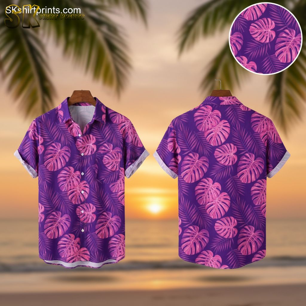 Purple Hawaiian shirt women's featuring pink monstera leaves and fern patterns on purple background