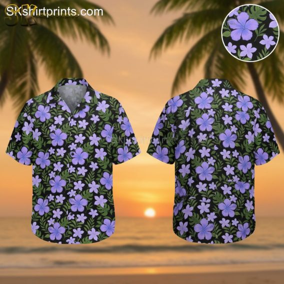 Purple hawaiian shirts for men featuring vibrant purple flowers with green leaves on black background
